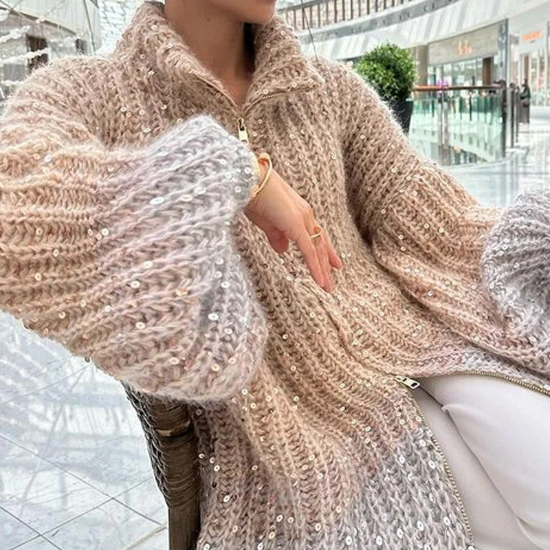 Cardigan Oversize à Sequins Brillants – Élégance Céleste