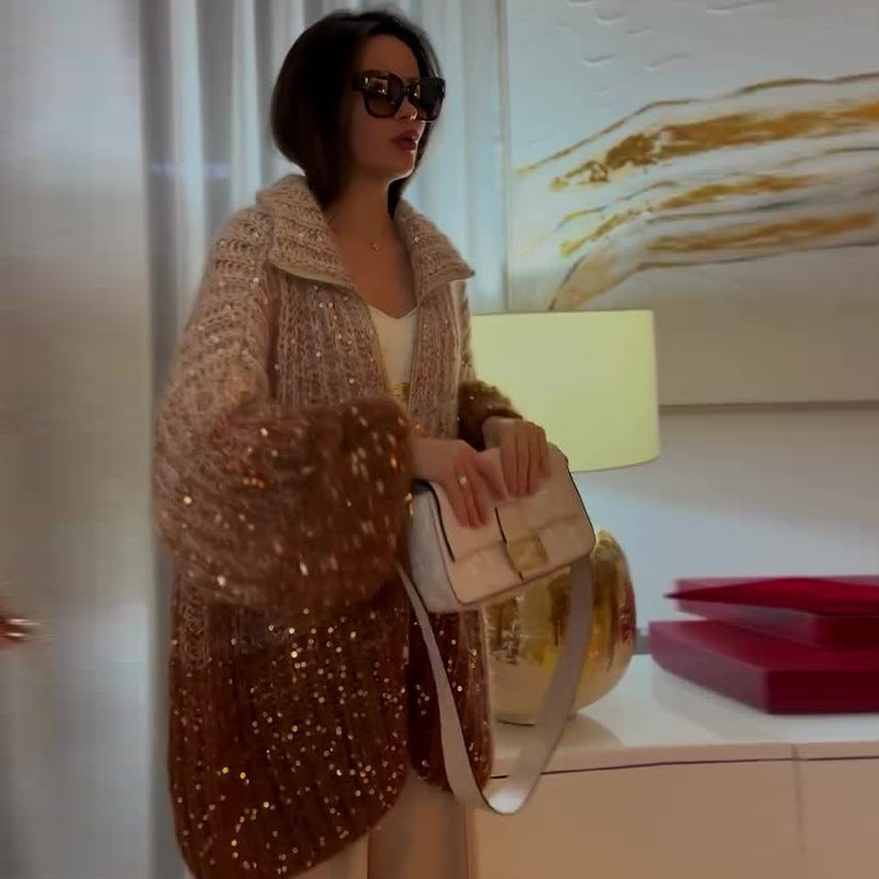 Cardigan Oversize à Sequins Brillants – Élégance Céleste