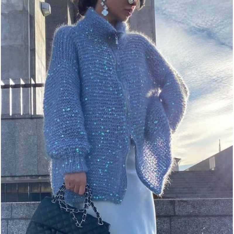 Cardigan Oversize à Sequins Brillants – Élégance Céleste