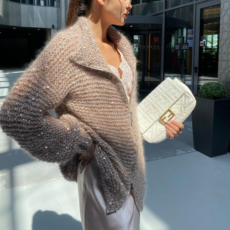 Cardigan Oversize à Sequins Brillants – Élégance Céleste
