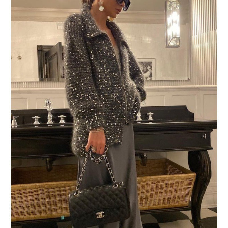 Cardigan Oversize à Sequins Brillants – Élégance Céleste