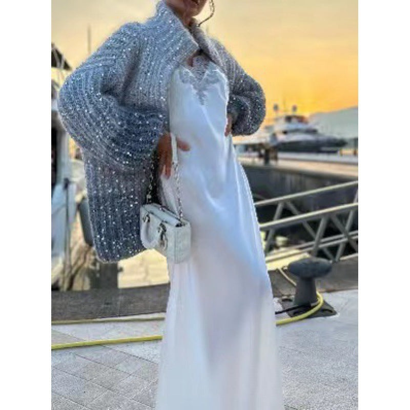 Cardigan Oversize à Sequins Brillants – Élégance Céleste