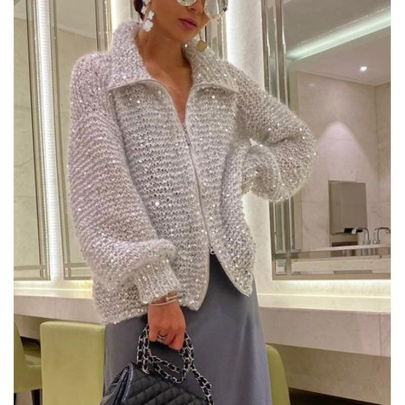 Cardigan Oversize à Sequins Brillants – Élégance Céleste
